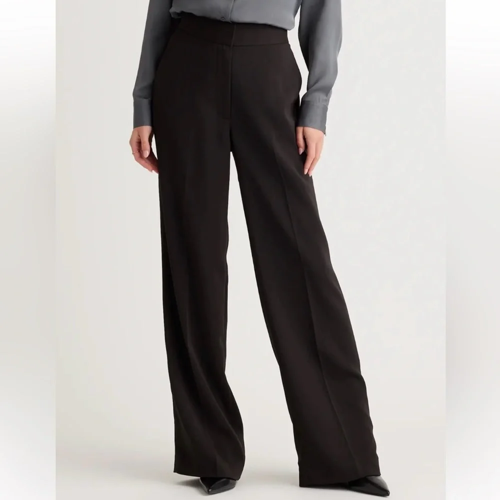 Quince Stretch Crepe Black Classic Wide Leg Trousers Business Pleated Pants 14